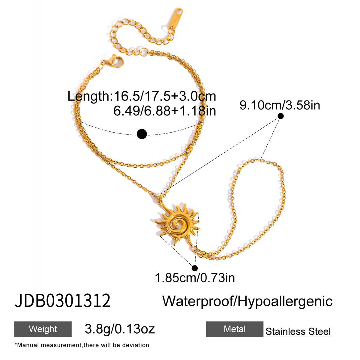 18K gold plated stainless steel sun hand chain bracelet with size and weight details