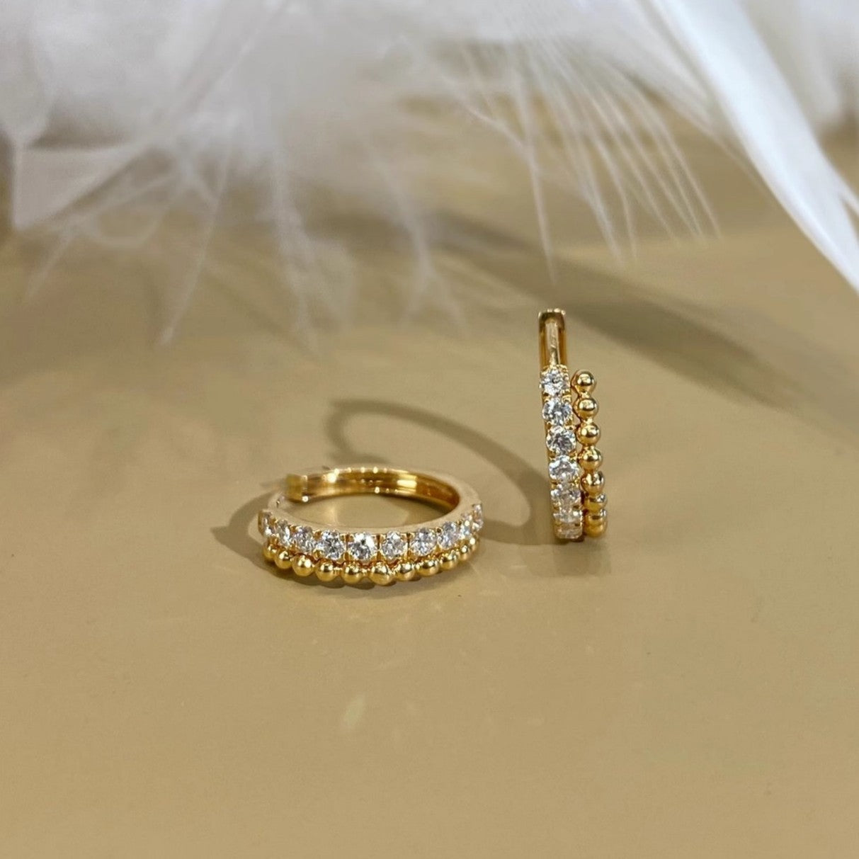 Pair of 18k gold plated 925 sterling silver beaded CZ huggie hoop earrings, wholesale 925 silver earrings bulk
