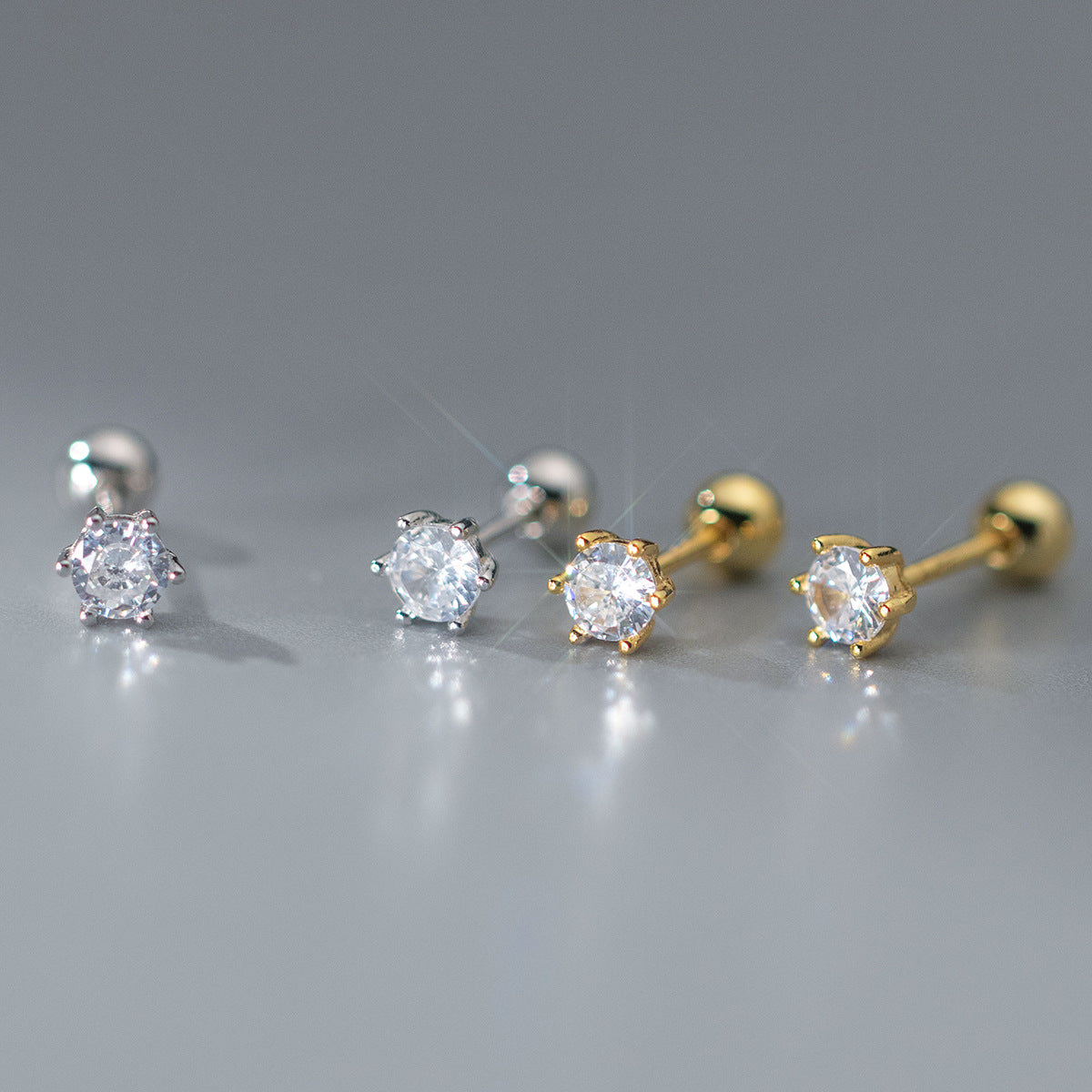 925 silver 3mm 4mm cubic zirconia six prong claw screw stud earrings earrings (5 pair)