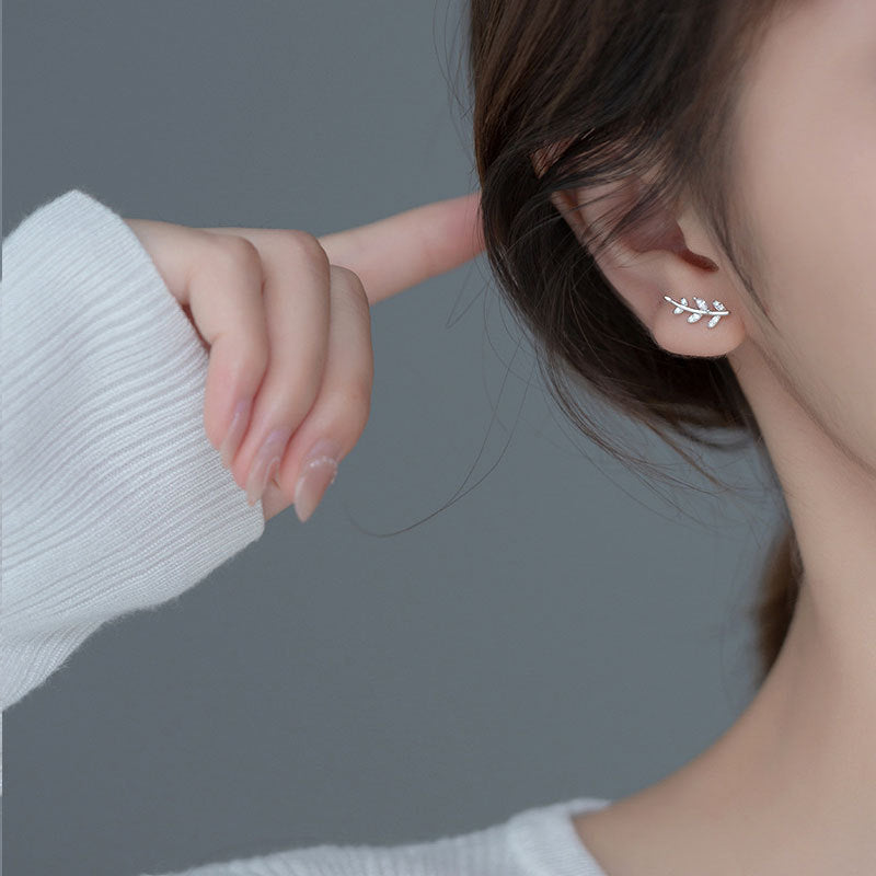 925 silver tiny CZ zircon olive leaves stud earrings (5 pairs)