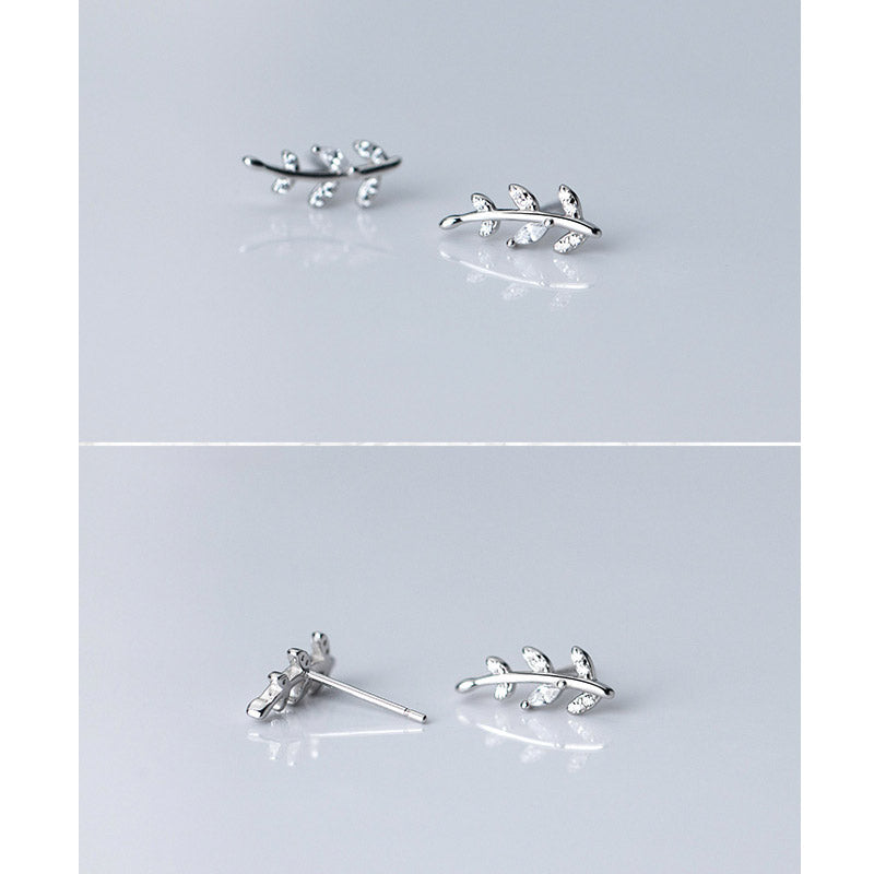925 silver tiny CZ zircon olive leaves stud earrings (5 pairs)