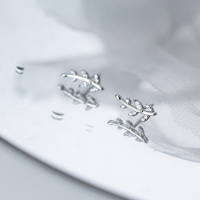 925 silver tiny CZ zircon olive leaves stud earrings (5 pairs)
