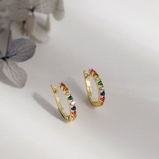 925 silver rainbow rhinestone geometric dainty hoop huggie earrings (5 pairs)