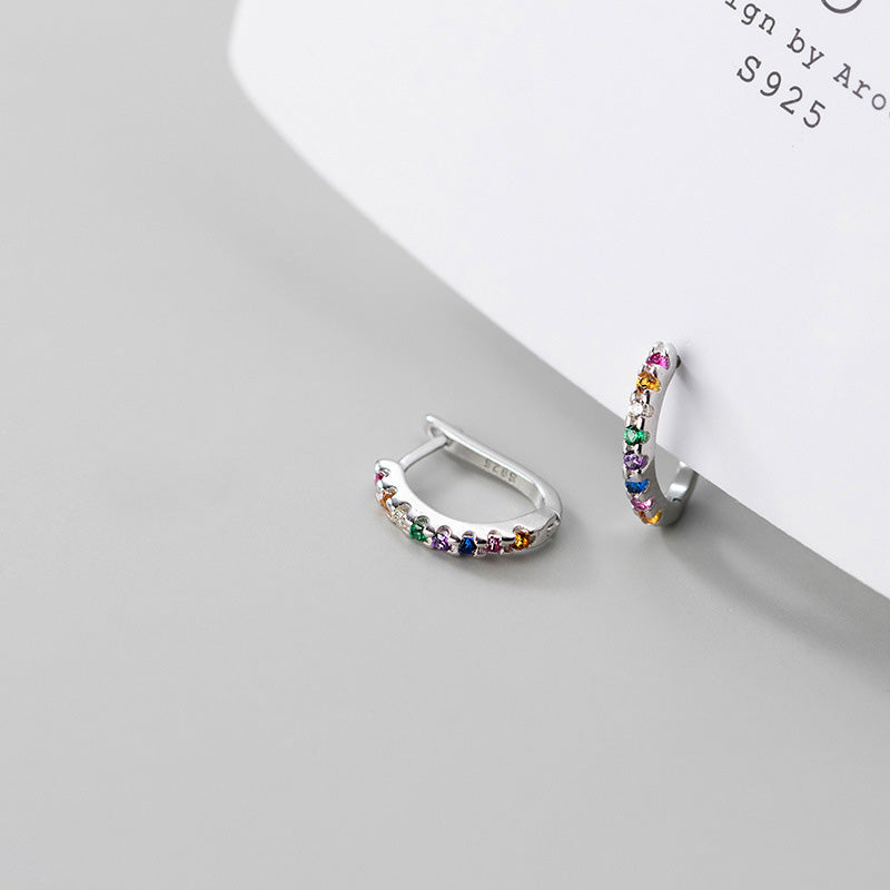 925 silver rainbow rhinestone geometric dainty hoop huggie earrings (5 pairs)
