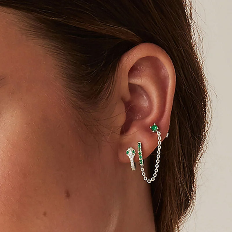 925 sterling silver chained huggie hoop with CZ stud (5 pcs)