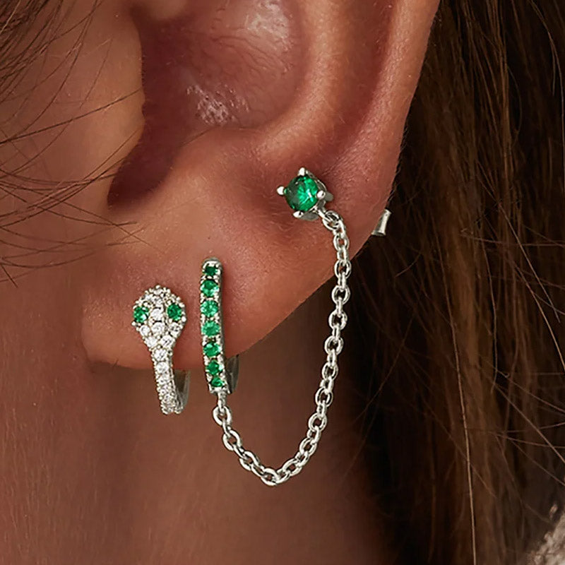 925 sterling silver chained huggie hoop with CZ stud (5 pcs)