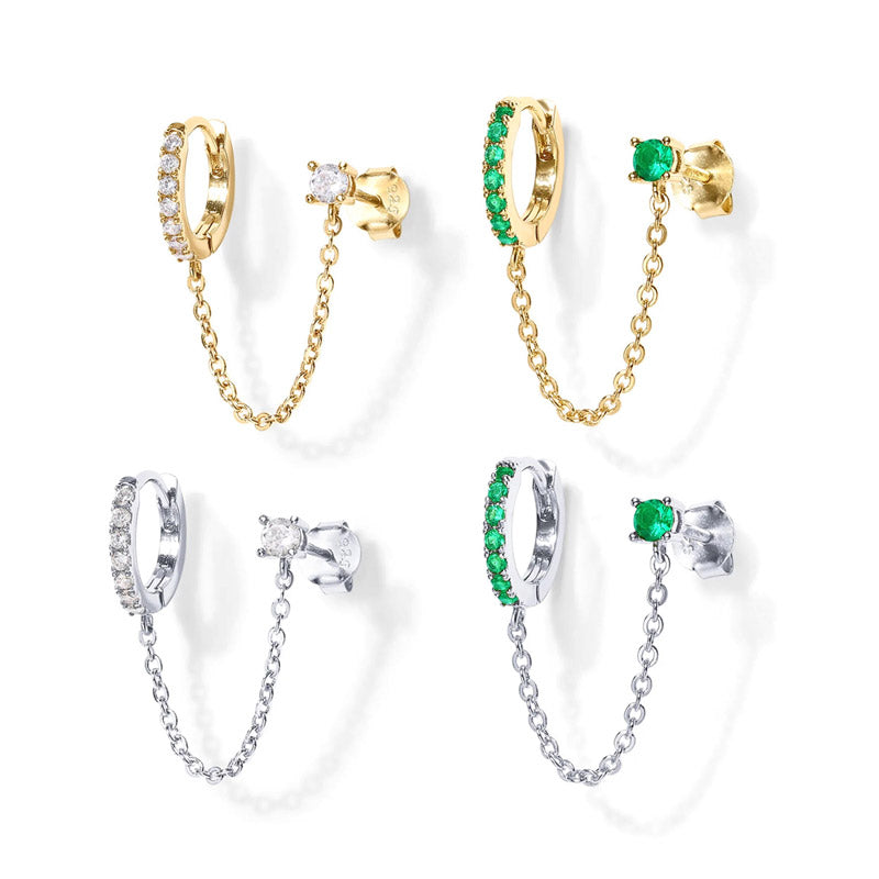 925 sterling silver chained huggie hoop with CZ stud (5 pcs)