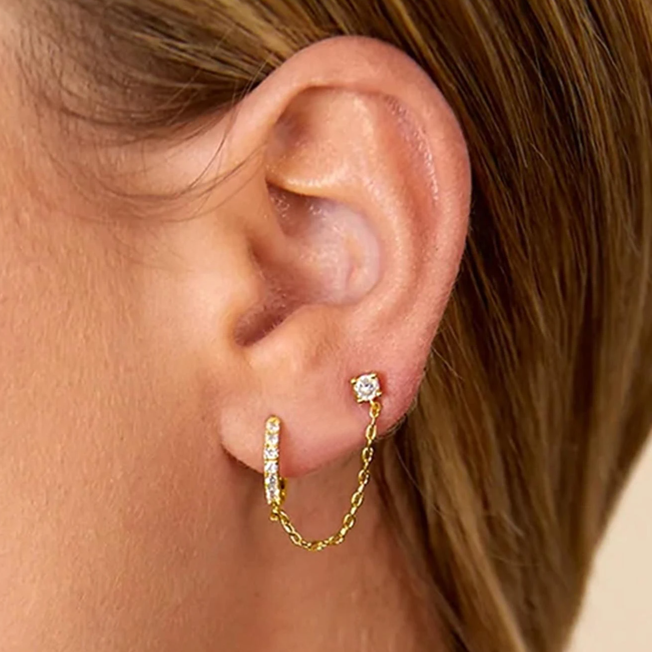 925 sterling silver chained huggie hoop with CZ stud (5 pcs)