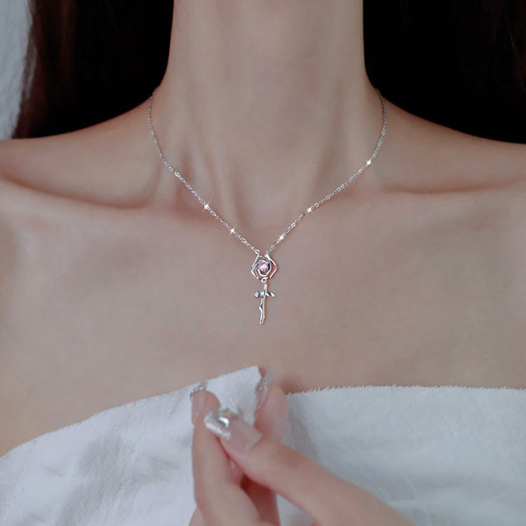 925 silver pink zircon rose flower pendant necklace Set of 5