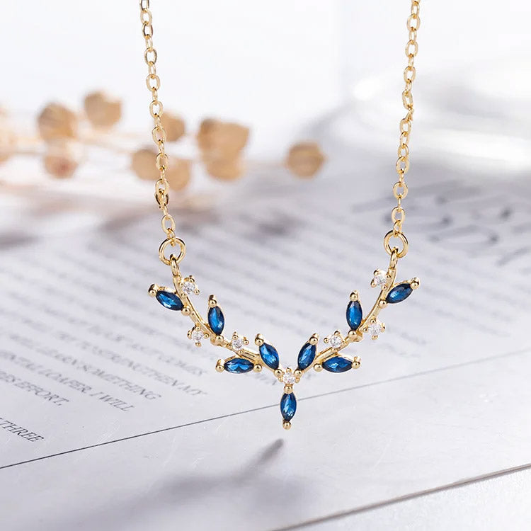 925 sterling silver blue CZ antler leaf plant pendant necklace set of 5
