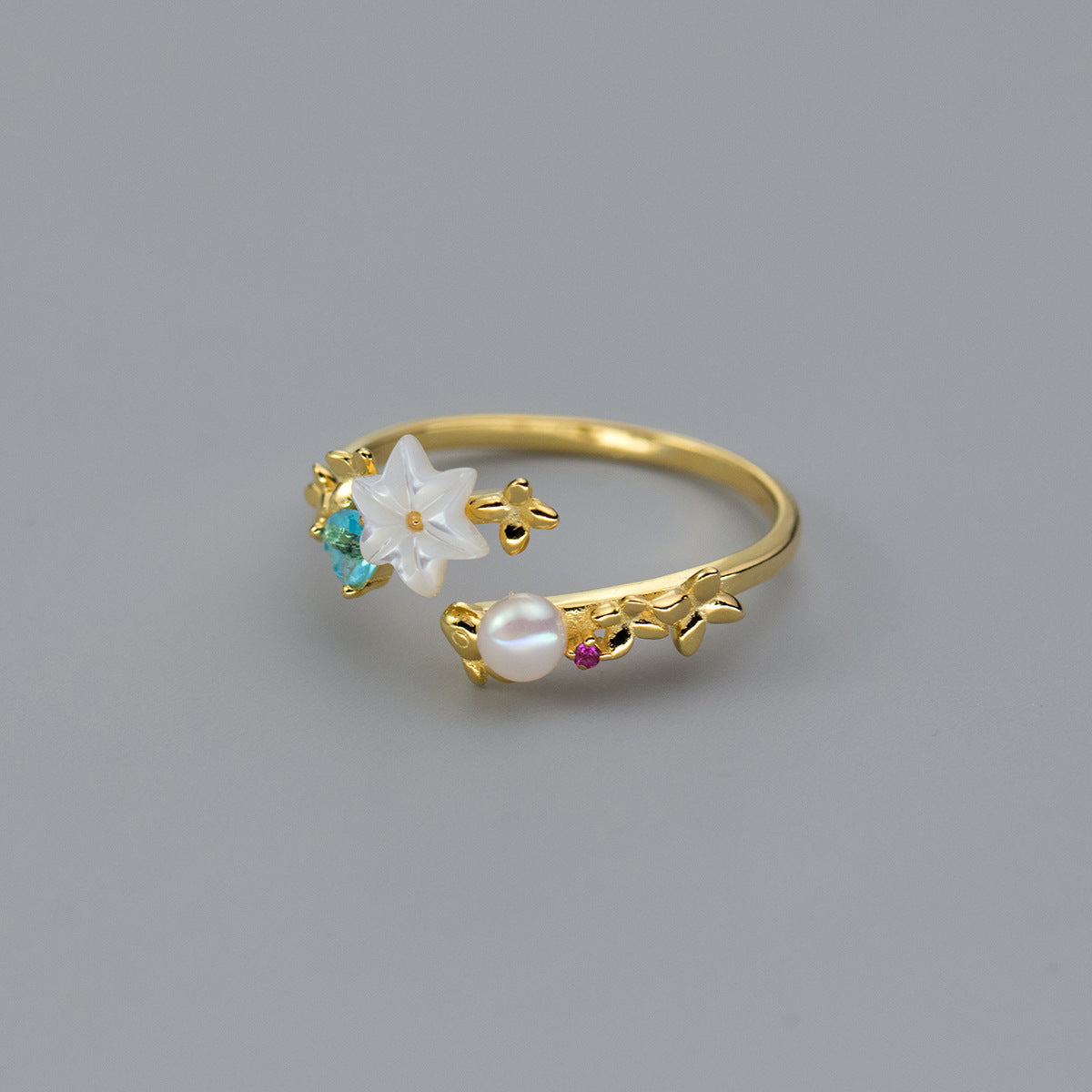 Gold pearl shell flower sterling silver open rings Set of 5