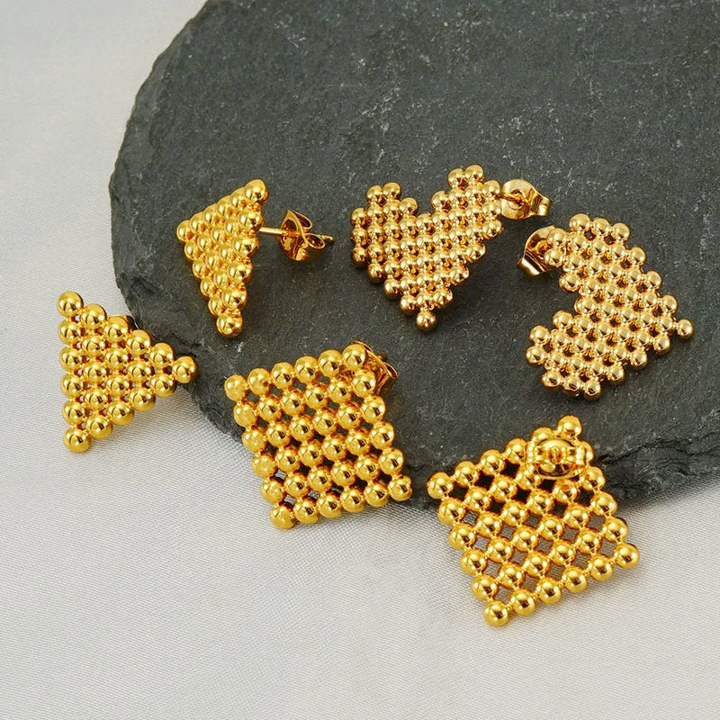 Stainless steel waterproof gold round bead triangle shape stud earrings (5 pairs)