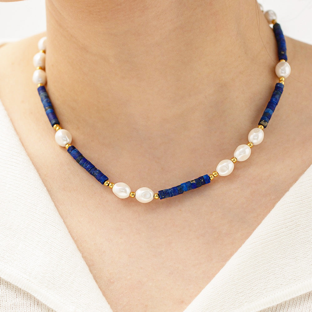 Waterproof blue Lapis stone bead baroque freshwater pearl choker necklaces Set of 5