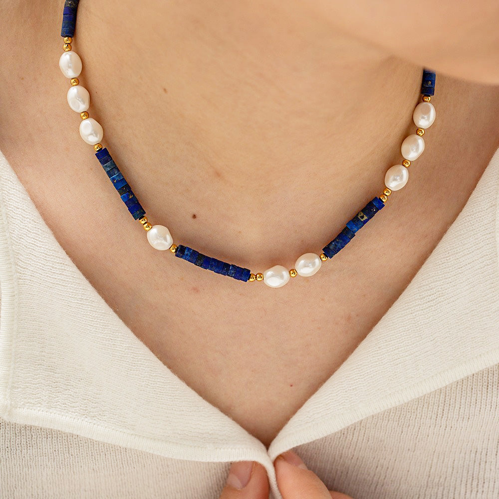 Waterproof blue Lapis stone bead baroque freshwater pearl choker necklaces Set of 5