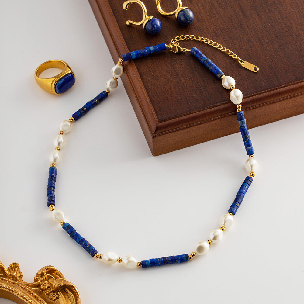 Waterproof blue Lapis stone bead baroque freshwater pearl choker necklaces Set of 5
