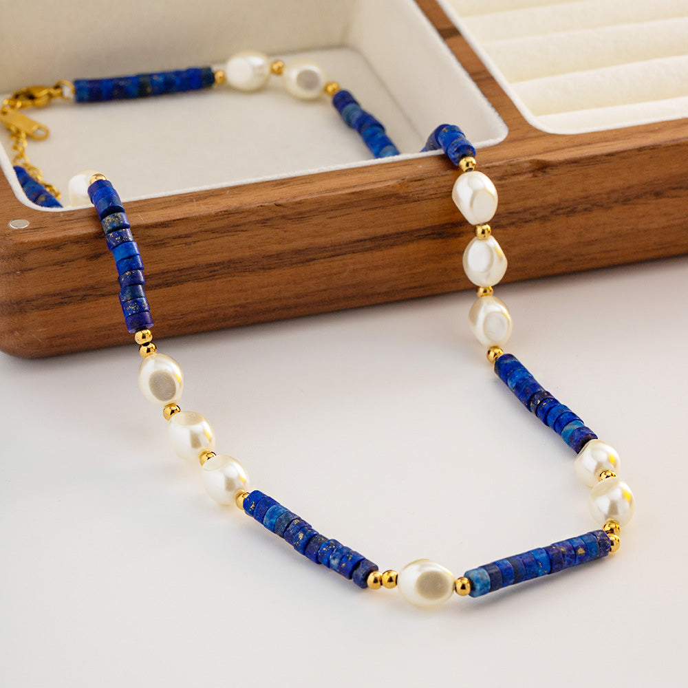 Waterproof blue Lapis stone bead baroque freshwater pearl choker necklaces Set of 5
