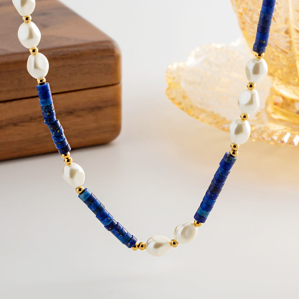 Waterproof blue Lapis stone bead baroque freshwater pearl choker necklaces Set of 5
