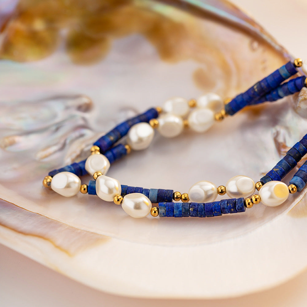 Waterproof blue Lapis stone bead baroque freshwater pearl choker necklaces Set of 5