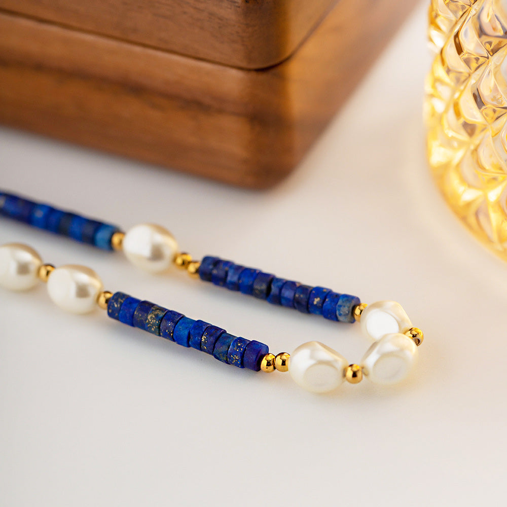 Waterproof blue Lapis stone bead baroque freshwater pearl choker necklaces Set of 5