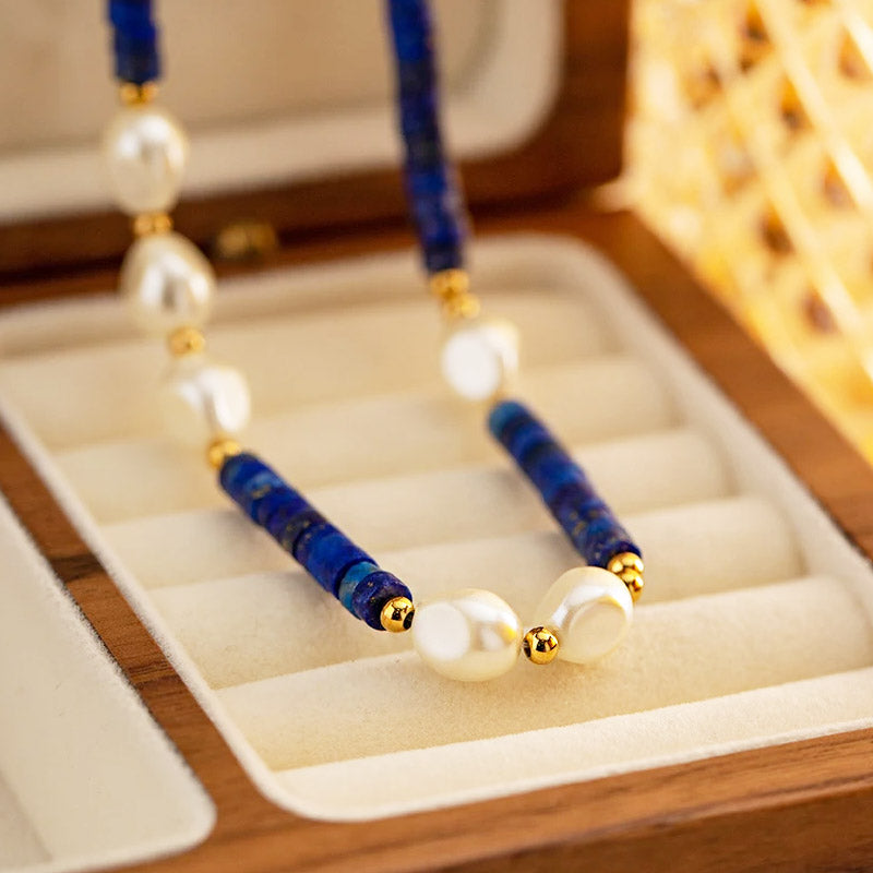 Waterproof blue Lapis stone bead baroque freshwater pearl choker necklaces Set of 5