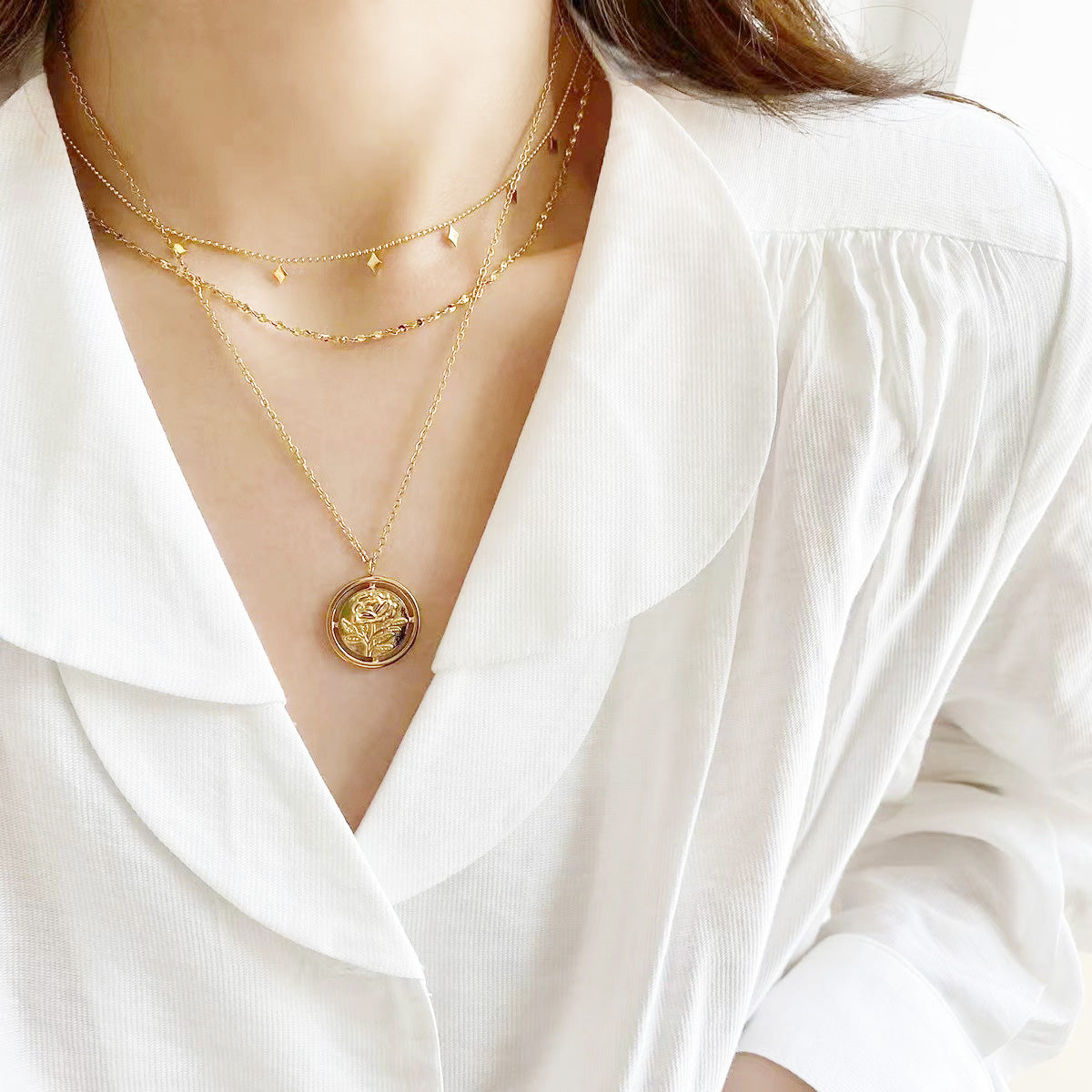 Stainless steel gold double-layered chain fringe necklaces Set of 5