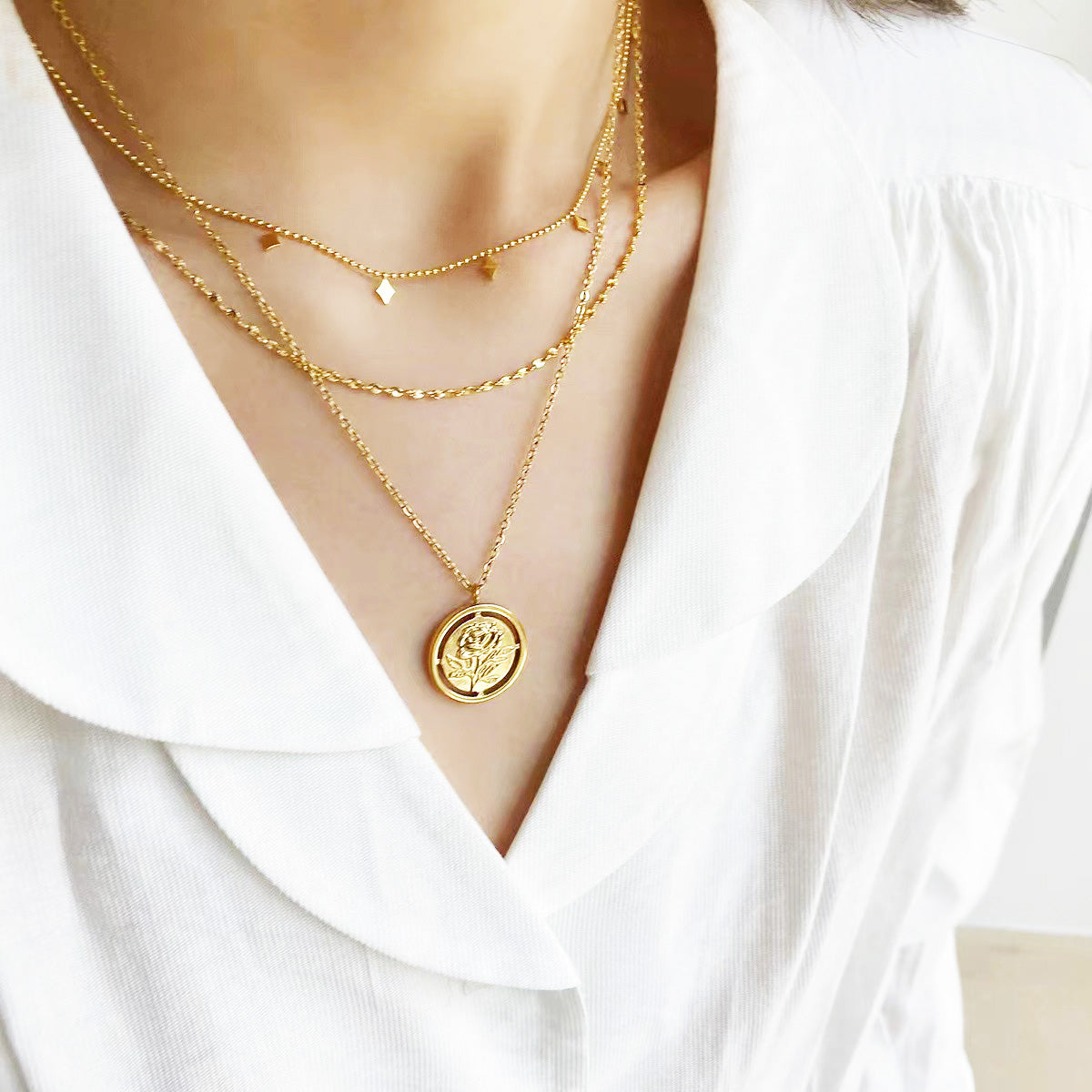 Stainless steel gold double-layered chain fringe necklaces Set of 5