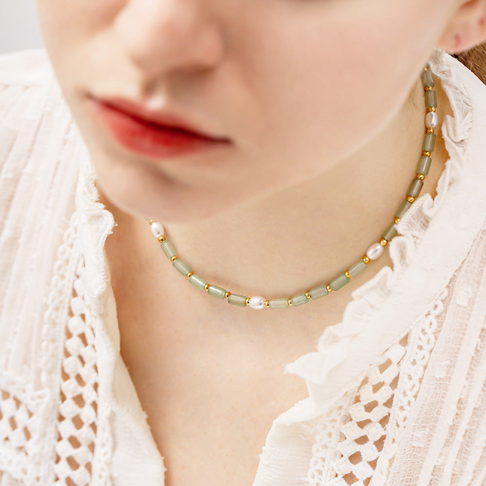 Stainless steel green natural stones beaded pearl boho necklaces Set of 5