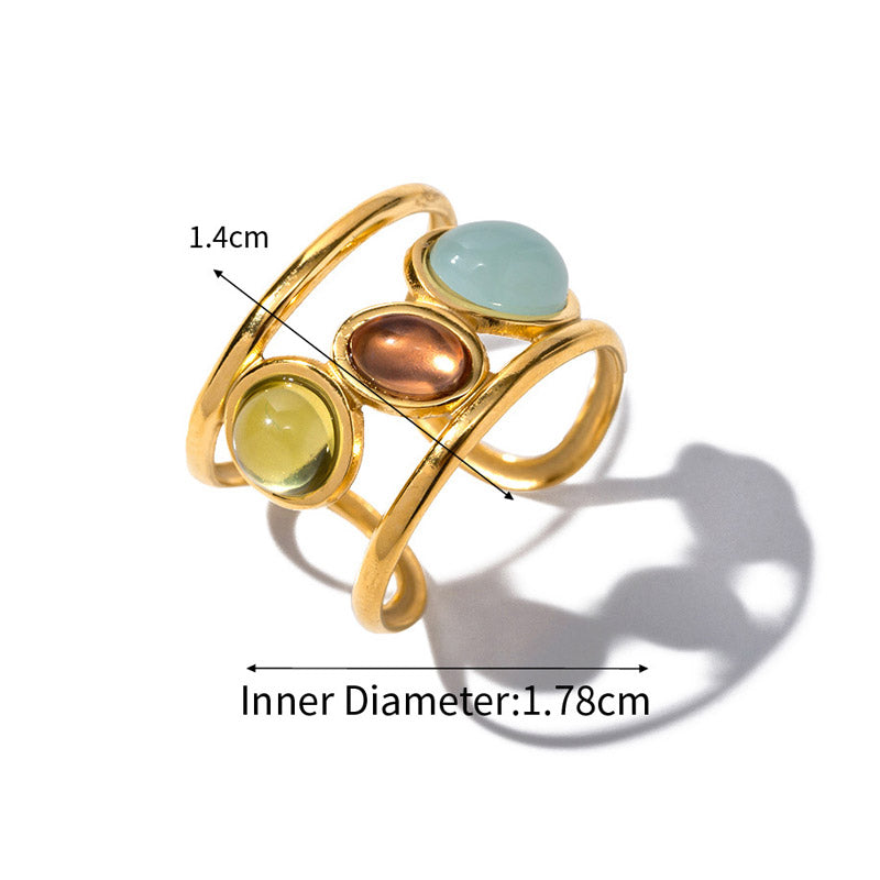 Stainless steel adjustable colorful opal stone wide cuff rings Set of 5