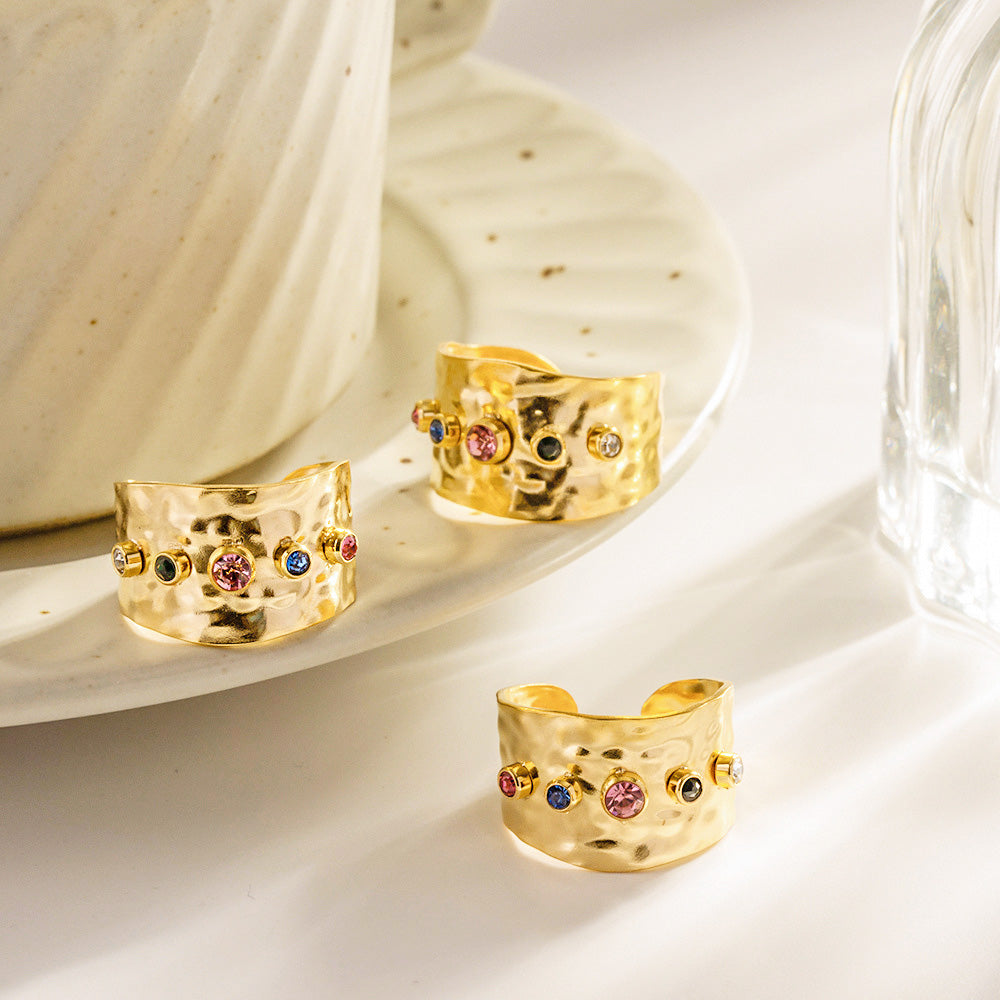 Stainless steel hammered colorful cubic zirconia cuff rings Set of 5