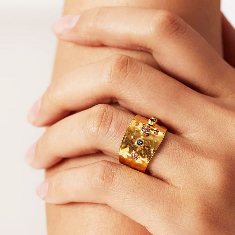 Stainless steel hammered colorful cubic zirconia cuff rings Set of 5