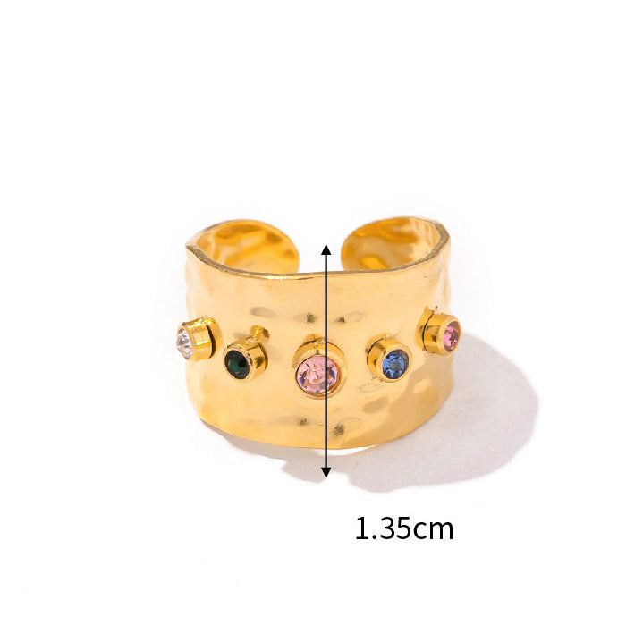 Stainless steel hammered colorful cubic zirconia cuff rings Set of 5