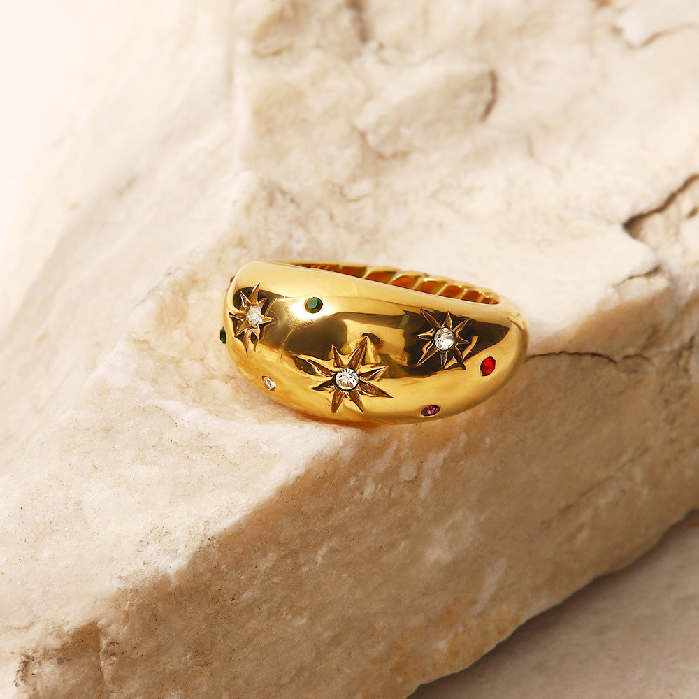 Stainless steel gold chunky color stone star rings Set of 5
