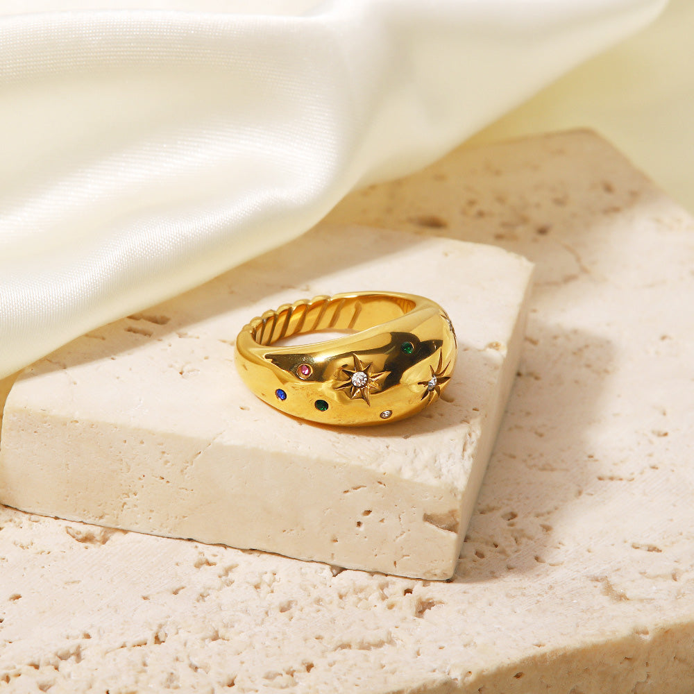 Stainless steel gold chunky color stone star rings Set of 5