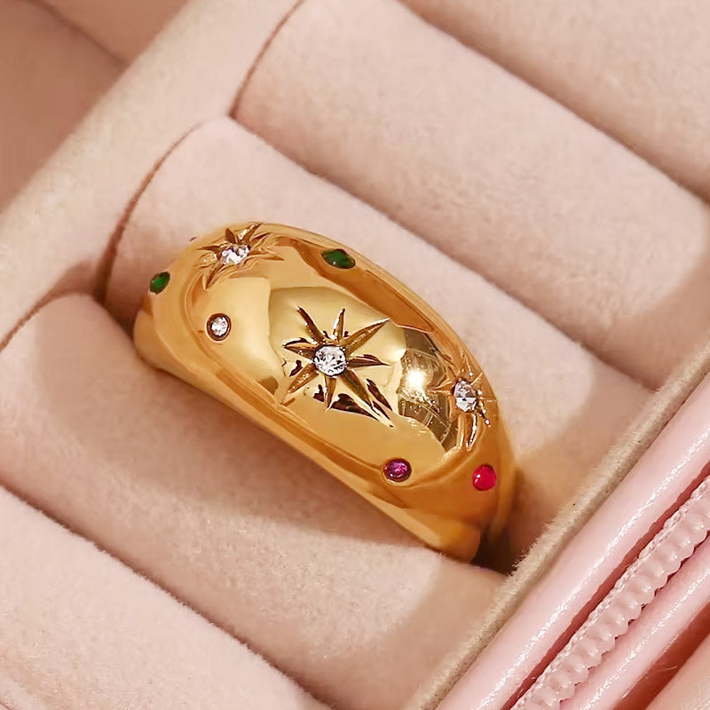 Stainless steel gold chunky color stone star rings Set of 5