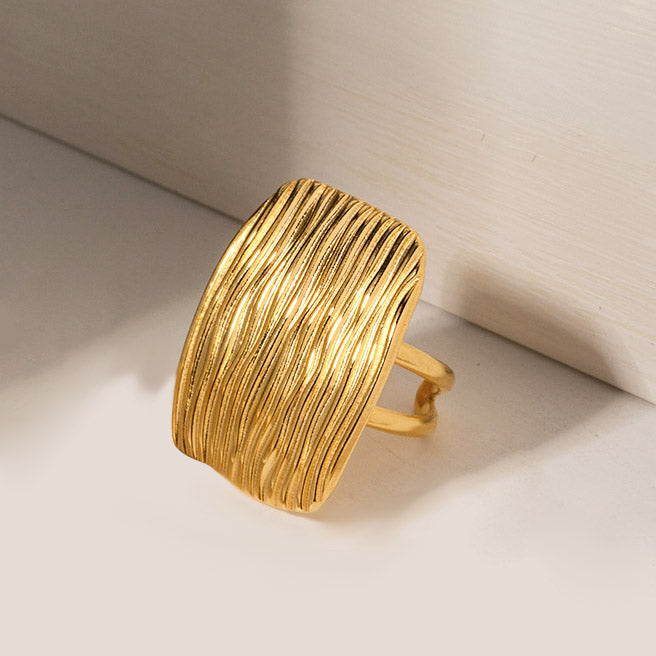 Stainless steel wavy texture big rectangle open adjustable rings Set of 5