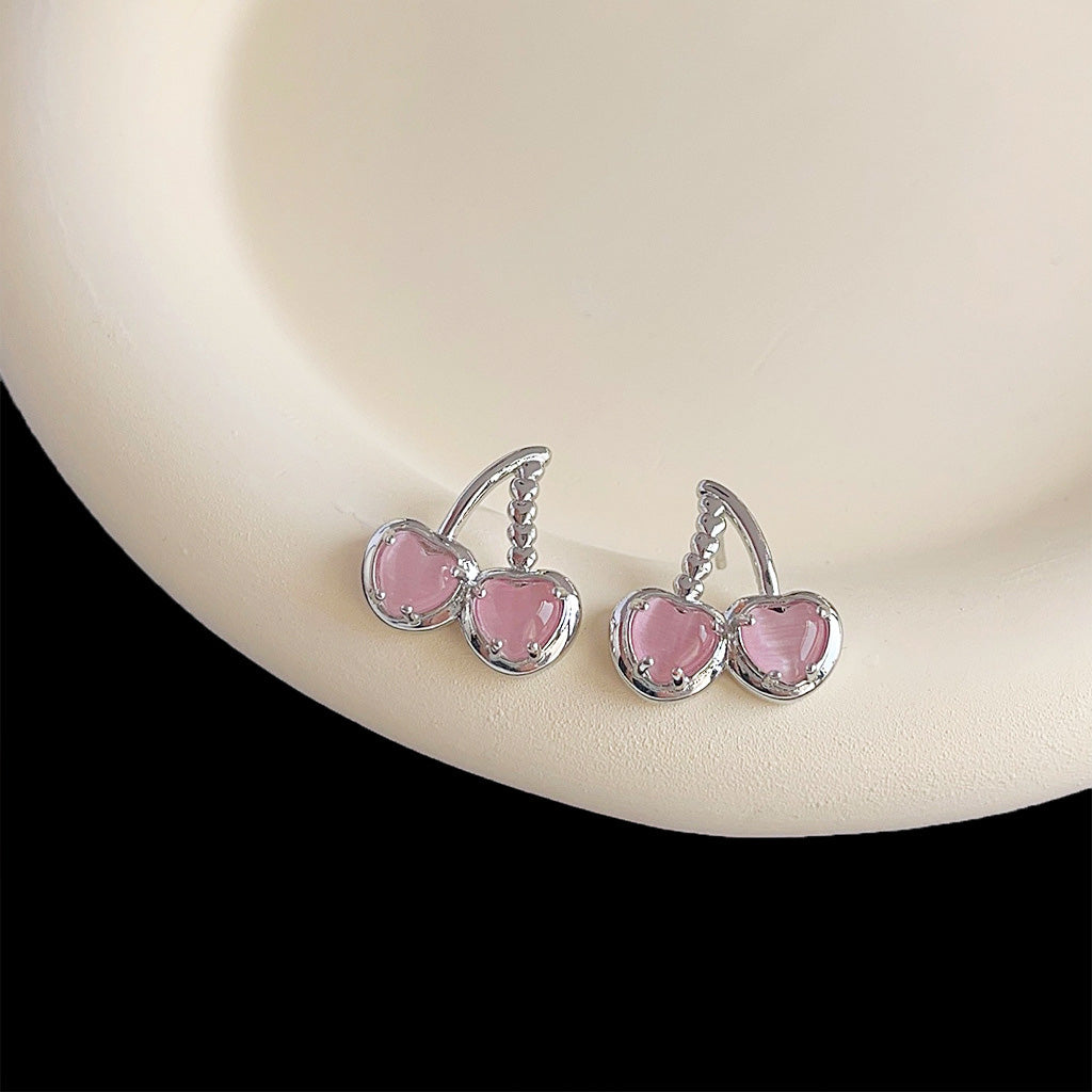 Silver plated pink glass opal stone cherry stud earrings (5 pairs)
