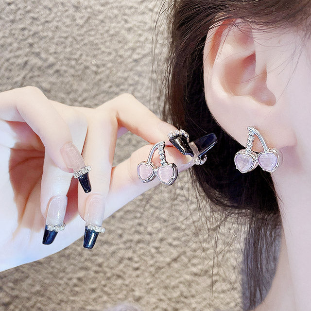 Silver plated pink glass opal stone cherry stud earrings (5 pairs)