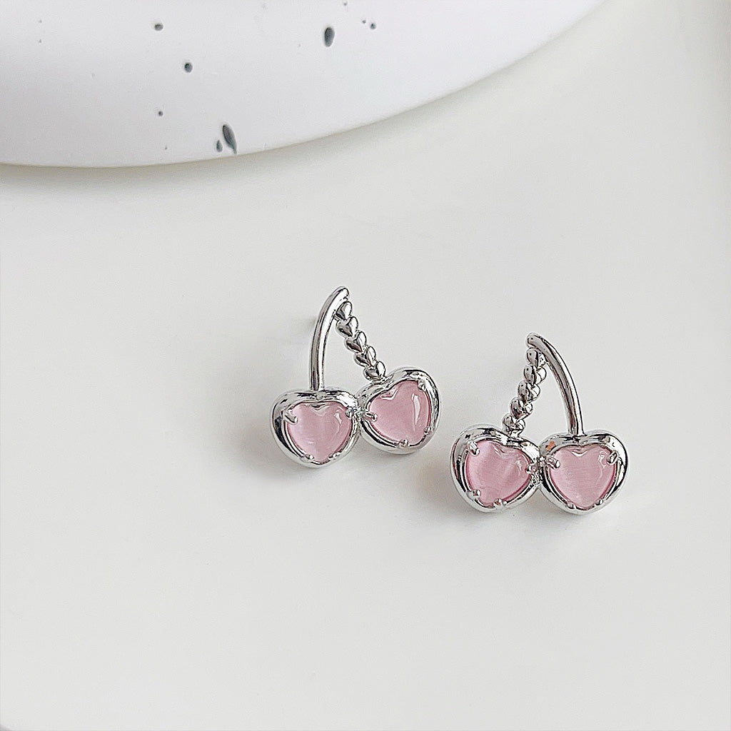 Silver plated pink glass opal stone cherry stud earrings (5 pairs)