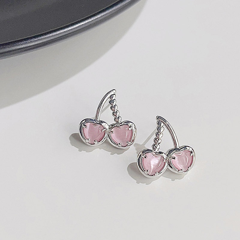 Silver plated pink glass opal stone cherry stud earrings (5 pairs)