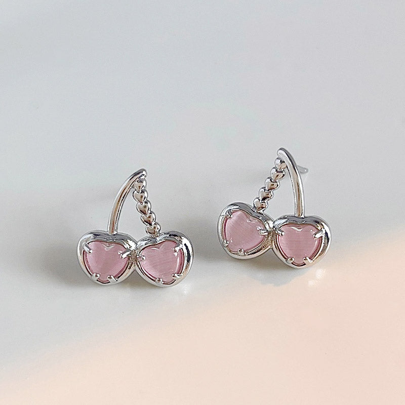 Silver plated pink glass opal stone cherry stud earrings (5 pairs)