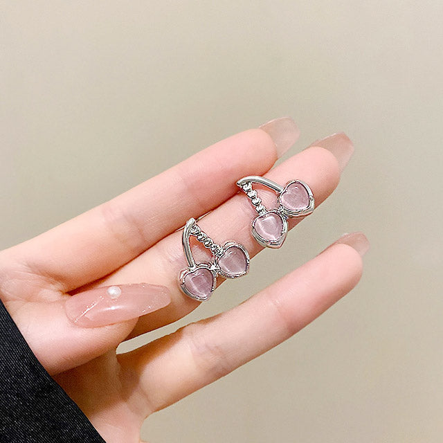 Silver plated pink glass opal stone cherry stud earrings (5 pairs)