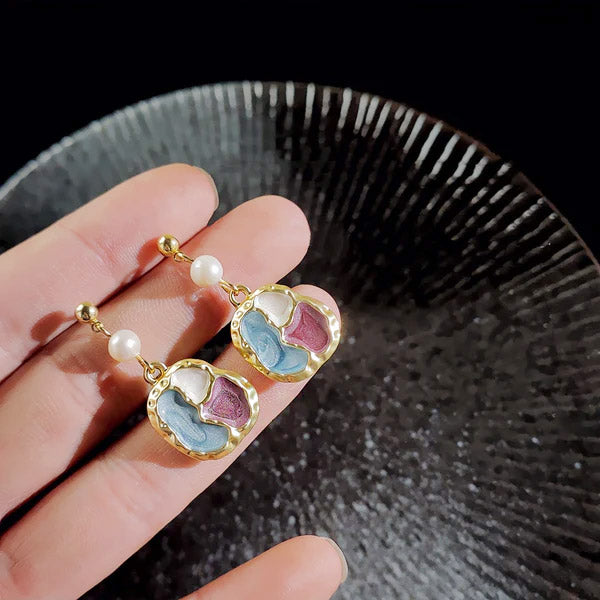 Retro enamel color splicing irregular freshwater pearl drop earrings (5 pairs)