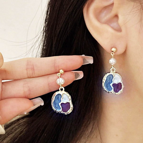 Retro enamel color splicing irregular freshwater pearl drop earrings (5 pairs)
