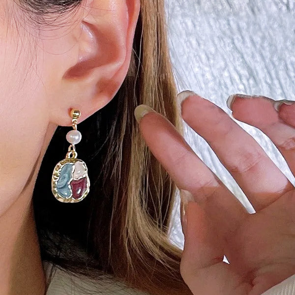 Retro enamel color splicing irregular freshwater pearl drop earrings (5 pairs)