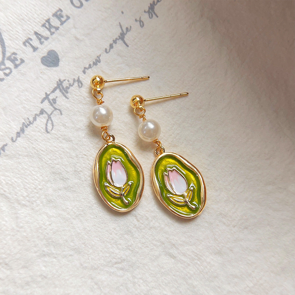 14k gold plated enamel tulip flower with pearl drop earrings (5 pairs)