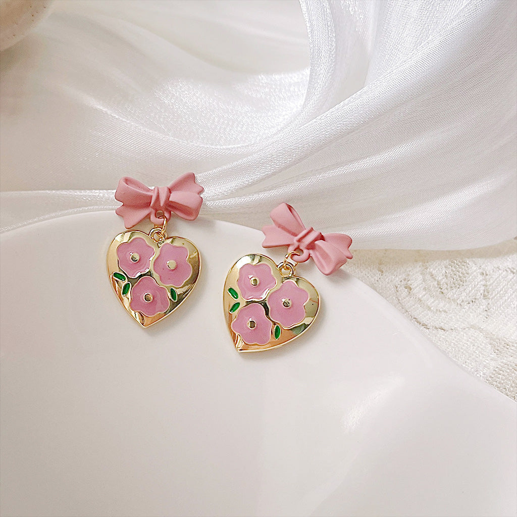 Pink bow heart with enamel flower gold heart pendant drop earrings (5 pairs)