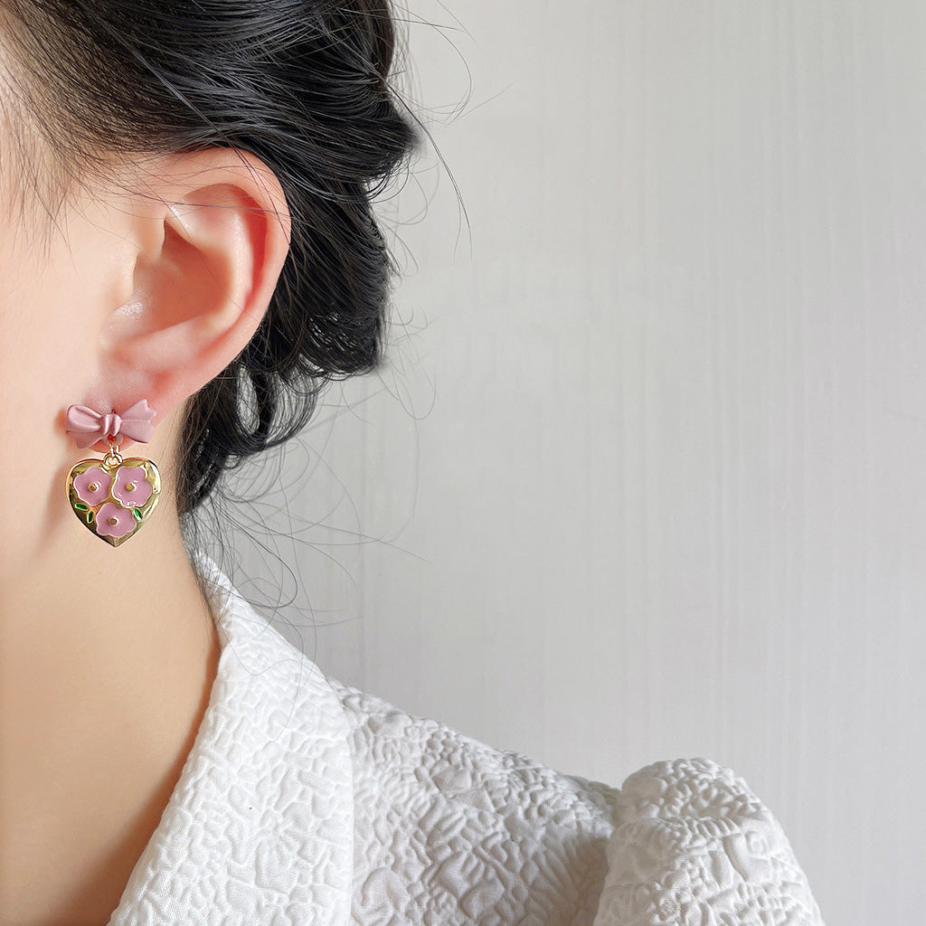 Pink bow heart with enamel flower gold heart pendant drop earrings (5 pairs)