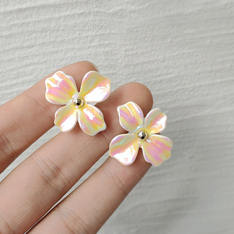 Rainbow effect color resin white flower stud earrings (5 pairs)