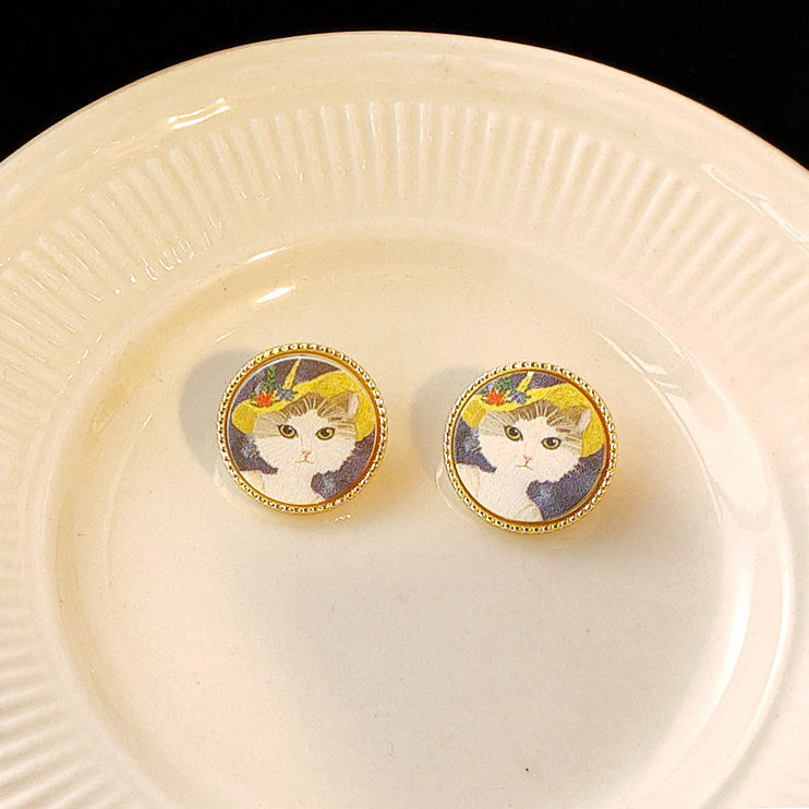 Round 14k gold frame cat painting stud earrings (5 pairs)