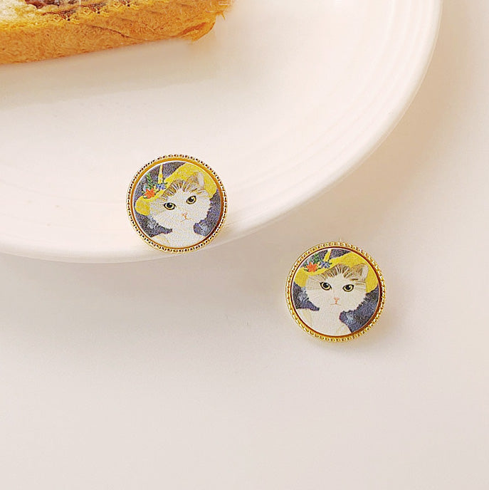Round 14k gold frame cat painting stud earrings (5 pairs)